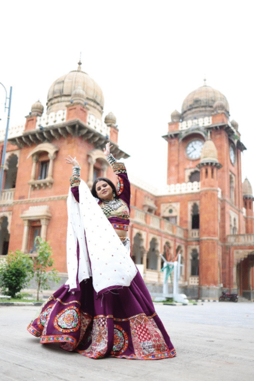 White + Purple Navratri bandhani Lehenga