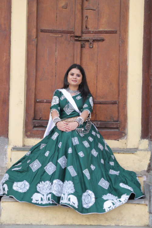 Green Navratri bandhani Lehenga